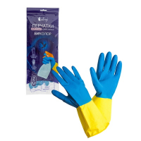 Купить перчатки хозяйственные 1 пара bi-color m рельефная поверхность желто-синий латекс "libry" в Москве